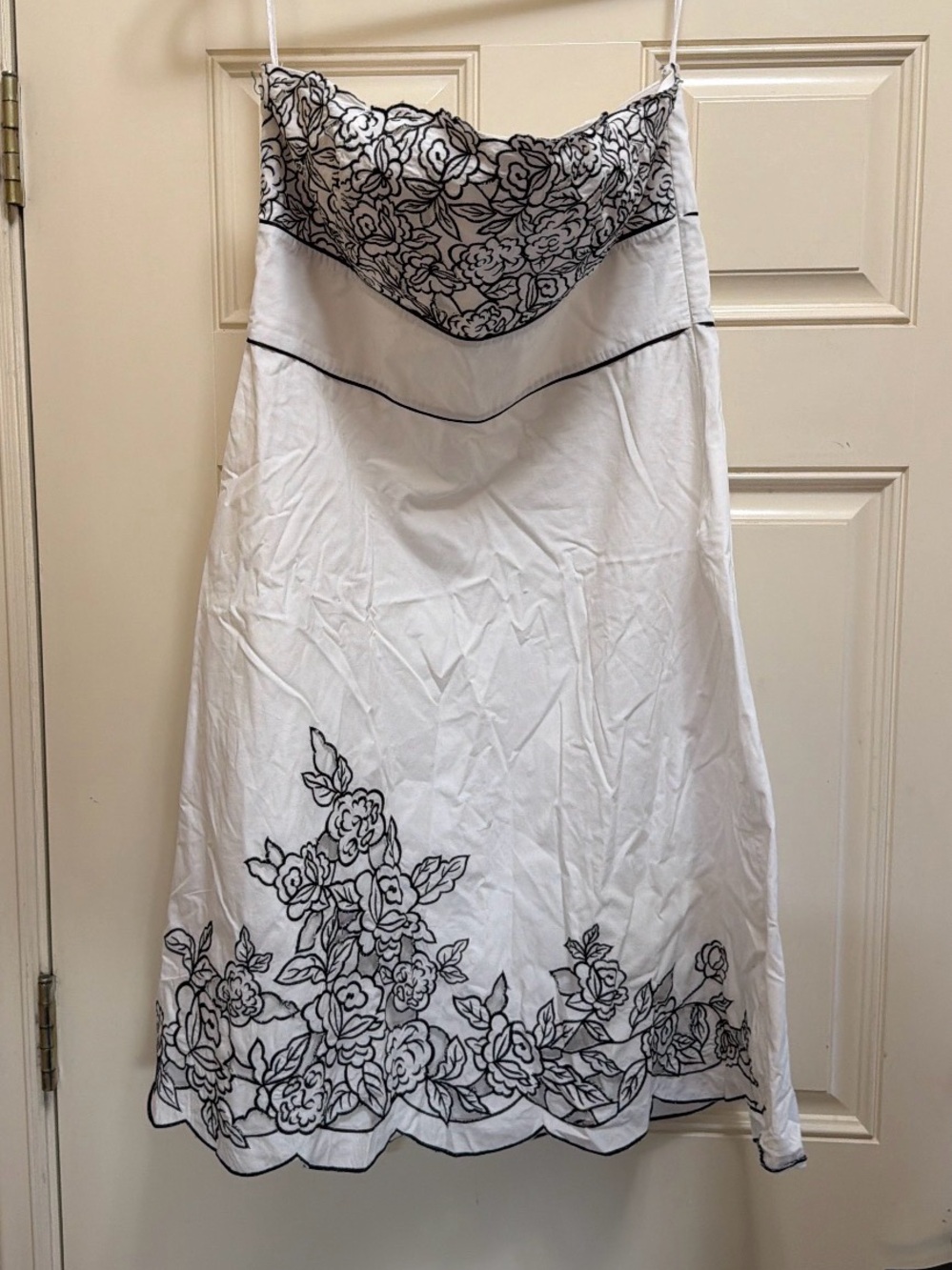 White House Black Market Strapless White Dress with Black Floral Embroidery